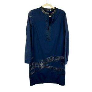 Elie Tahari Shift Dress Women 6 Navy Blue‎ Cotton Blend Abstract Detail Leather